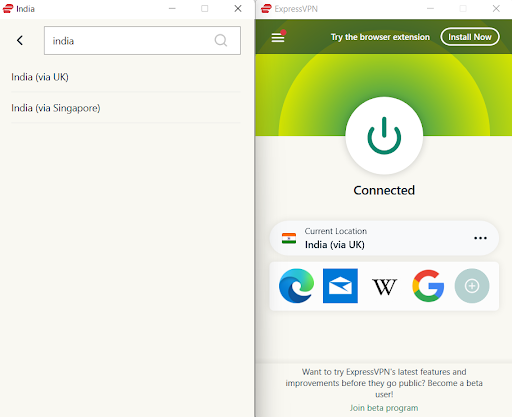 connecting to ExpressVPN's india server