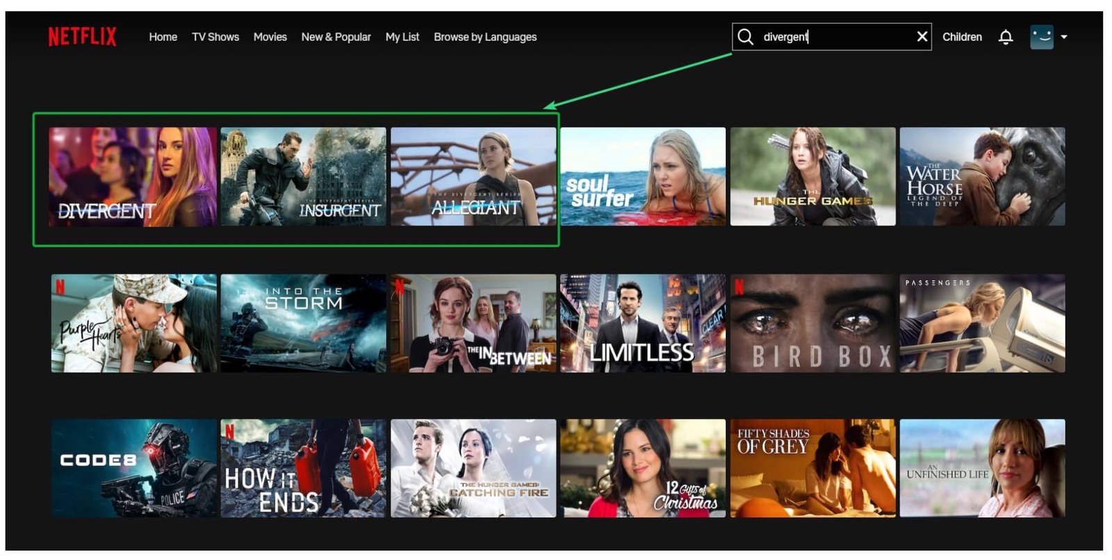 screenshot that shows all 3 Divergent movies are streaming on Netflix Canada