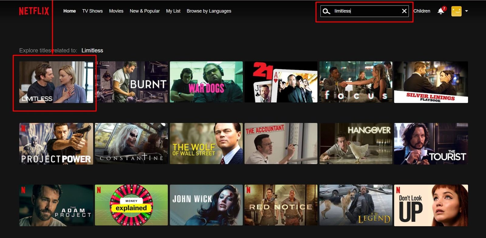 a screenshot showing Limitless is available on Netflix