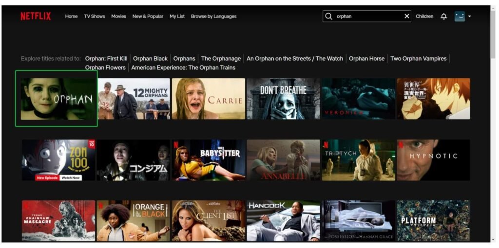 Screenshot that shows Orphan is streaming on Netflix Japan
